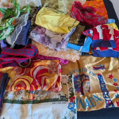 Colorful Scarf Lot with Canada Souvenir Satin Cover, Italy Scarf, Swiss Tote Bag