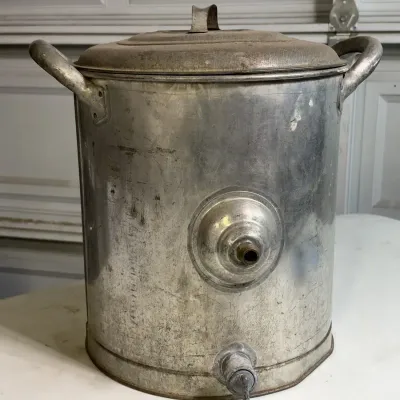 Antique Hand-Crank Metal Butter Churn with Lid, Spigot and Wood Paddles 1930