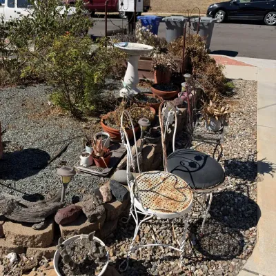 Garden Lot: Concrete Bird Bath, Wire Bistro Chairs, Terracotta Bowls, Glass Art
