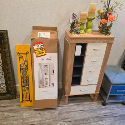 Sale Photo Thumbnail #32: Modern mid-century style wooden storage cabinet featuring five white drawers and open cubbies, accompanied by boxed 3B Studio Hudson Tower, wall decor, and decorative table accents.
