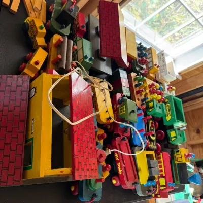 Sale Photo Thumbnail #20: Lot021 Large Vintage "MY Train" Wooden Toy Train Set with Station & Vehicles