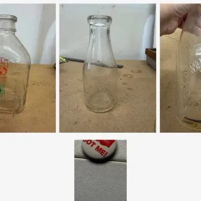 Sale Photo Thumbnail #31: Lot032 3 Vintage Dairy Milk Bottles – Ross Corner Dairy Derry NH Half Pint, Clover Hill Farm ACL Half Gallon & B.R. Waldron Califon NJ Quart + West Lynn Creamery Pin