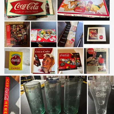 Sale Photo Thumbnail #27: Lot028 Coca-Cola Memorabilia Lot – "Iced Coca-Cola Here" Door Push, 1960s Fishtail Tin Sign, "Property of Coca-Cola" Glasses, Classic Ads Monopoly & More