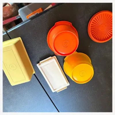 Sale Photo Thumbnail #70: Lot071 Vintage 1970s Tupperware Lot – Harvest Orange & Gold Servalier Bowls, Butter/Cheese Keeper