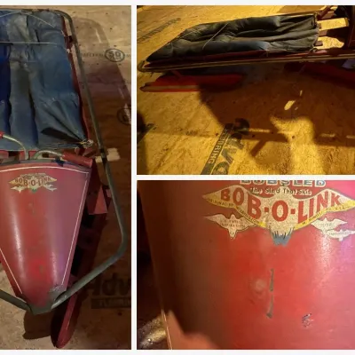 Sale Photo Thumbnail #52: Lot053 Vintage Bob-O-Link Bobsled "The Sled That Skis" – Wilmington / Minot, Maine – Steering Sled with Padded Seat