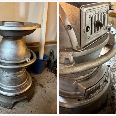 Sale Photo Thumbnail #61: Lot062 Antique Cast Iron Pot Belly Stove with Foot Rail – Wood/Coal Parlor Stove