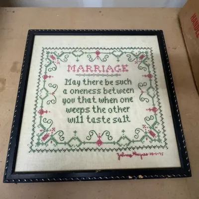 Sale Photo Thumbnail #67: Lot068 Vintage Framed Cross-Stitch "Marriage" Sampler – Hand-Stitched & Signed, Dated 1975