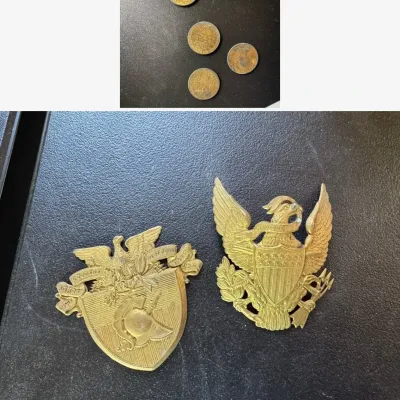 Sale Photo Thumbnail #10: Lot010 Brass Military Insignia & Presidential Medals – West Point / USMA Crest, U.S. Eagle + Presidential Commemorative Tokens