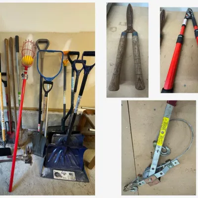 Sale Photo Thumbnail #84: Lot085 Garden & Yard Tool Lot – Rakes, Shovels, Spade, Snow Shovels, Fruit Picker, Corona Telescoping Lopper, Hedge Shears & Maasdam Power Puller