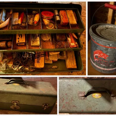 Sale Photo Thumbnail #8: Lot008 Vintage 1940s–50s Green Metal Tackle Box Full of Old Lures & Boxes – South Bend, K-B, Pflueger, C.C. Roberts Mud Puppy + Old Pal Minnow Bucket