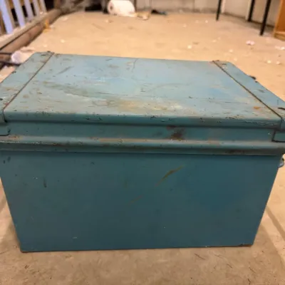 Sale Photo Thumbnail #68: Lot069 Vintage Blue Steel Storage / Utility Box with Hinged Lid & Side Handles