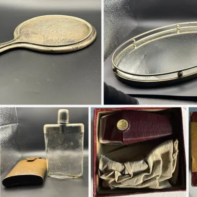Sale Photo Thumbnail #69: Lot070 Vintage Vanity & Gentleman's Accessories – Silver Monogrammed Hand Mirror, Mirrored Vanity Tray, Leather-Cased Glass Flask & Boxed Schick Flyer Shaver