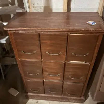Sale Photo Thumbnail #58: Lot059 Antique 9-Drawer Wooden File / Apothecary Cabinet