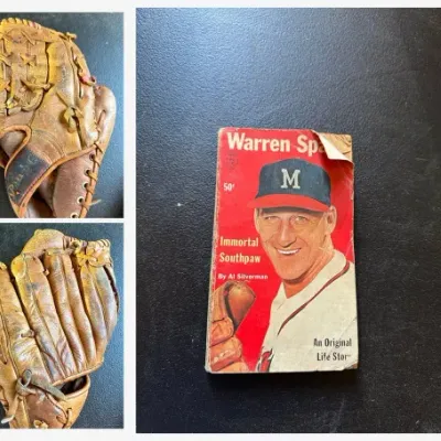 Sale Photo Thumbnail #47: Lot048 Vintage Baseball Lot – 3 Leather Gloves, Warren Spahn "Immortal Southpaw" Biography & Mars "Baseball Tips from the Stars" Record