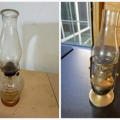Sale Photo Thumbnail #57: Lot058 Pair of Vintage Oil Lamps – Pressed Glass Kerosene Lamp & Brass Lamp with Swing Bracket