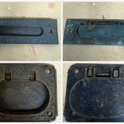 Sale Photo Thumbnail #60: Lot061 Antique Victorian "LETTERS" Mail Slot & Cast Iron Chest Handle – Architectural Salvage