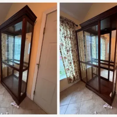 Sale Photo Thumbnail #55: Lot056 Pair of Large Lighted Oak Curio / Display Cabinets – Sliding Glass Doors, Locking (2 Cabinets)