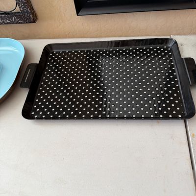 Sale Photo Thumbnail #206: Food Network perforated black metal grill topper tray with side handles, shown in good used condition.