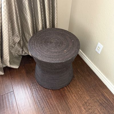 Sale Photo Thumbnail #16: Contemporary dark brown woven rope end table or stool with an hourglass silhouette, featuring a spiraled top surface.