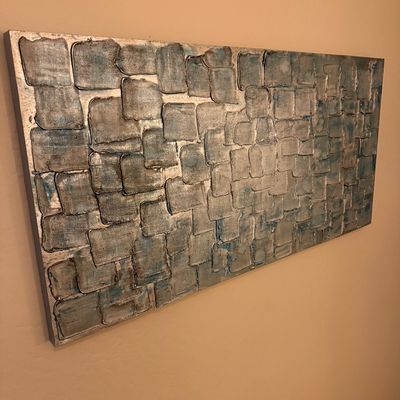 Sale Photo Thumbnail #128: Contemporary textured abstract wall art featuring a metallic silver and blue grid pattern on canvas.