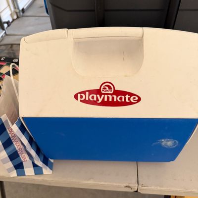 Sale Photo Thumbnail #100: Vintage Igloo Playmate personal cooler in blue and white, showing light cosmetic wear.