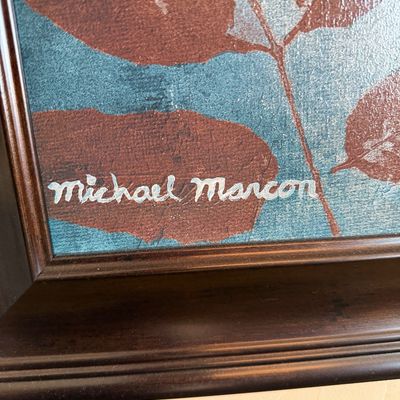 Sale Photo Thumbnail #208: Close-up detail of an artist signature reading "Michael Marcon" in the lower left corner of a framed botanical artwork.