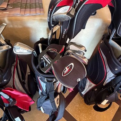 Sale Photo Thumbnail #251: Top-Flite XL7000 golf club set with matching black and red stand bags and headcovers.