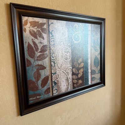 Sale Photo Thumbnail #211: Framed botanical abstract wall art print by Michael Marcon in a dark molded frame.