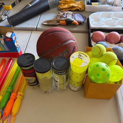 Sale Photo Thumbnail #87: Collection of sports equipment and yard tools, including a Wilson basketball, tennis balls, pickleballs, bubble wands, and Ryobi power tools in the background.