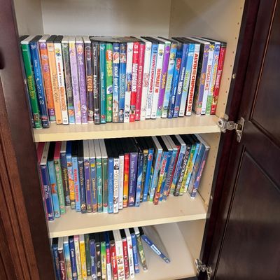 Sale Photo Thumbnail #216: Large collection of children's and family DVD movies organized on three shelves inside a wooden cabinet.