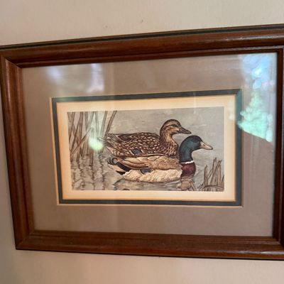 Sale Photo Thumbnail #53: Framed duck wildlife print depicting a pair of mallards in a marsh setting, set in a wood frame with double matting.