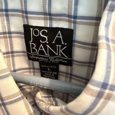 Sale Photo Thumbnail #95: Jos. A. Bank Signature Collection long-sleeve dress shirt, size large tailored fit, featuring a blue and brown plaid pattern.