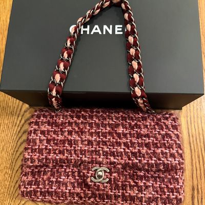 Sale Photo Thumbnail #8: Chanel burgundy and pink tweed flap handbag featuring an antiqued silver-tone interlocking CC turn-lock and ribbon-intertwined chain strap, displayed with its original black Chanel box.