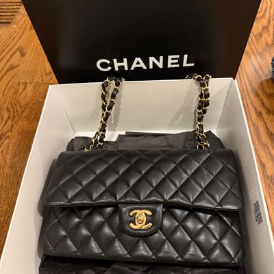 Sale Photo Thumbnail #10: Classic Chanel black quilted leather medium double flap bag with gold-tone hardware, presented in its original branded box. Excellent condition