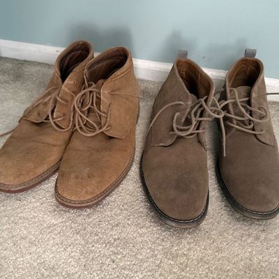 Sale Photo Thumbnail #88: Two pairs of men's suede chukka boots in tan and grey tones, showing light wear.