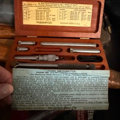 Sale Photo Thumbnail #150: Vintage Lufkin Rule Co. No. 680A inside micrometer set in original fitted wooden box, including instruction card.