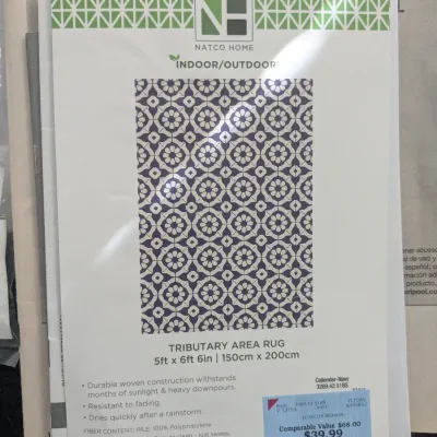 Natco Home Tributary indoor/outdoor navy geometric area rug insert label, measuring 5ft x 6ft 6in.