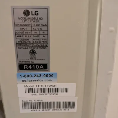 LG portable air conditioner model LP1017WSR, featuring a 10,200 BTU/h cooling capacity and detailed manufacturer specifications label.