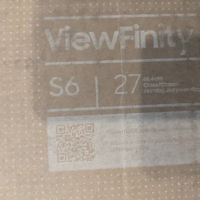 Original cardboard packaging for a Samsung ViewFinity S6 27-inch computer monitor.