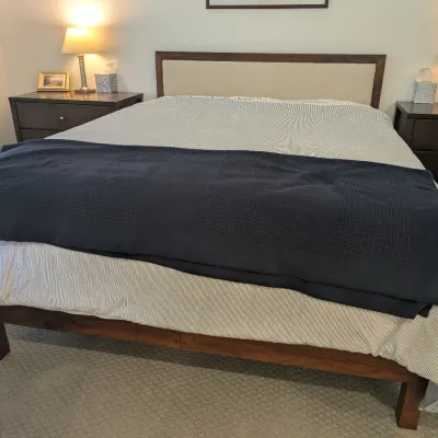 Contemporary dark wood platform bed frame with an upholstered inset headboard, flanked by two matching nightstands with table lamps.