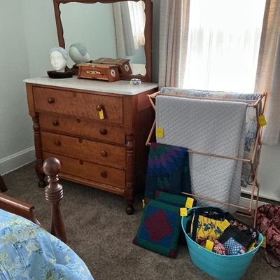 Sale Photo Thumbnail #35: Victorian tiger maple dresser, linens, etc.
