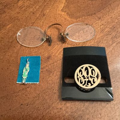 Sale Photo Thumbnail #26: Circa 1880’s - 1920 spectacles, monogram GF round pin & Sterling Girl Scout charm