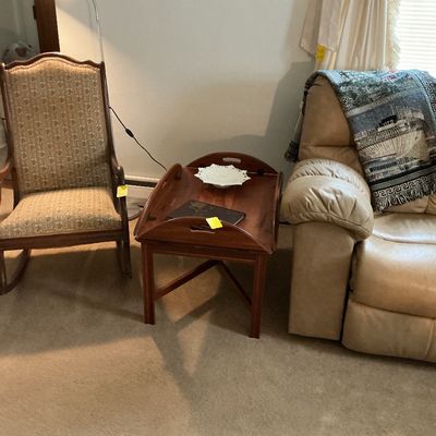 Sale Photo Thumbnail #29: Butlers drop leaf table, local year book & milkglass pedestal dish
