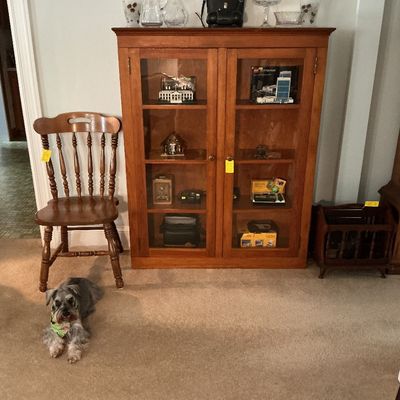 Sale Photo Thumbnail #32: Wood side chair, vintage pine 2 door cabinet, safe deposit box bank, Lego buildings, cameras, etc.