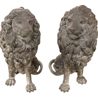 Sale Photo Thumbnail #45: PR 20thC Bronze Sitting Lions Statues Left & Right