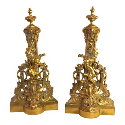 Sale Photo Thumbnail #104: PR ant. brass full body lions fireplace andirons