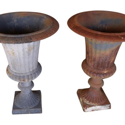 Sale Photo Thumbnail #261: Vtg PR cast iron garden urns 22"h x 16" diameter