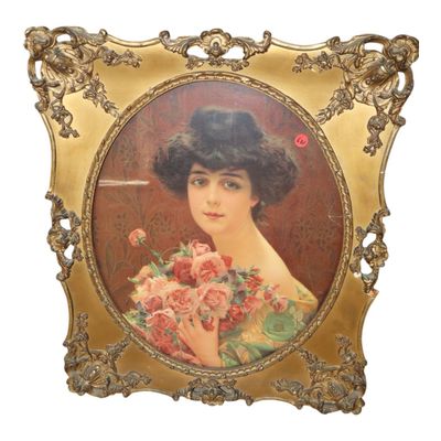 Sale Photo Thumbnail #128: Antique heavily carved antique wood gesso frame with print