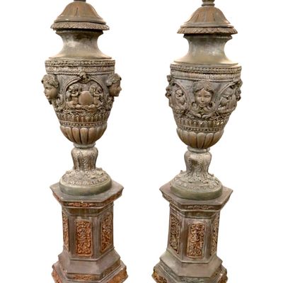 Sale Photo Thumbnail #44: PR Monumental 68" Bronze 3-Part Garden Urns Figural