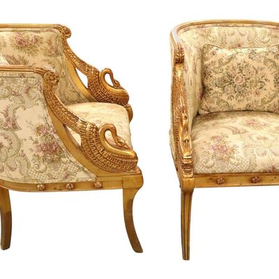 Sale Photo Thumbnail #268: Pair French Empire Gilt Swan Carved Armchairs